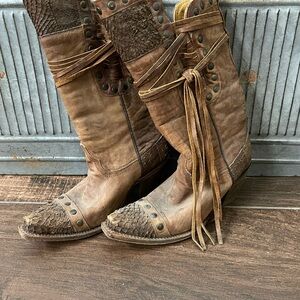 Brown Heeled Boots with Fringe and Mid-Calf Height